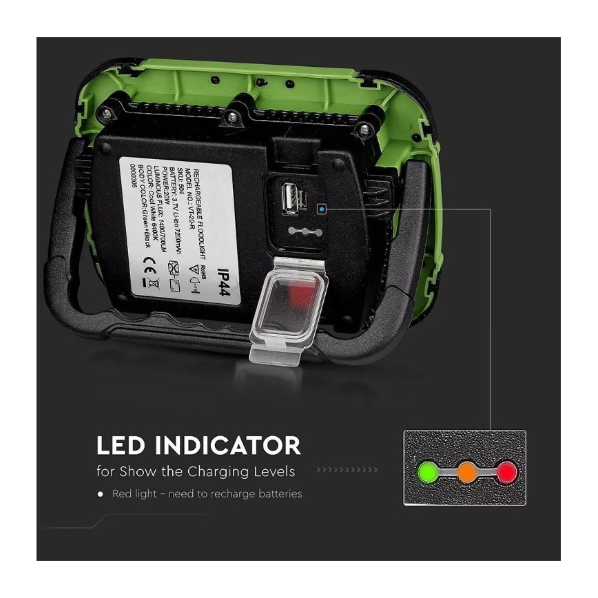 LED Prigušivi punjivi reflektor SAMSUNG CHIP + SOS funkcija LED/20W/3,7V/USB IP44 4000K zelena