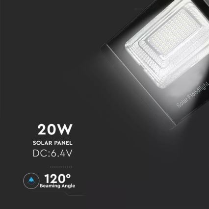 LED Prigušivi solarni reflektor LED/20W/6,4V 4000K IP65 10000 mAh + daljinski upravljač