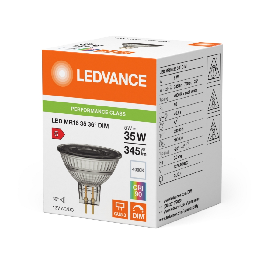 LED prigušljiva reflektorna žarulja MR16 GU5,3/5W/12V 4000K 36° CRI 90 - Ledvance