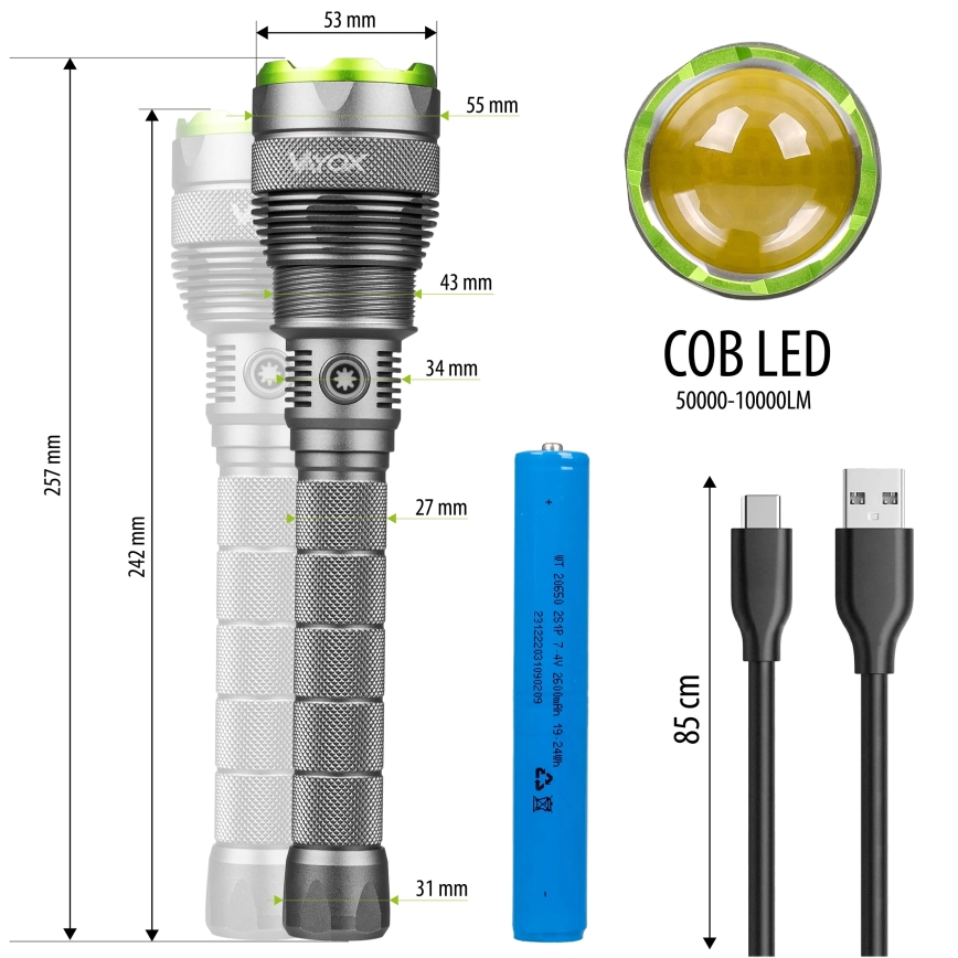 LED Prigušiva punjiva baterijska svjetiljka s funkcijom powerbanka LED/5V IPX7 10000 lm 2600 mAh
