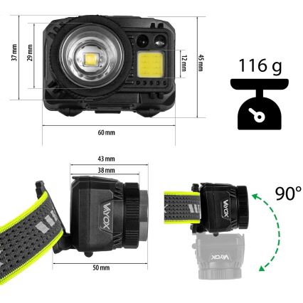 Podesiva punjiva LED čelna svjetiljka sa senzorom i crvenim svjetlom LED/6W/5V/3xAAA IP66 500 lm 1200 mAh