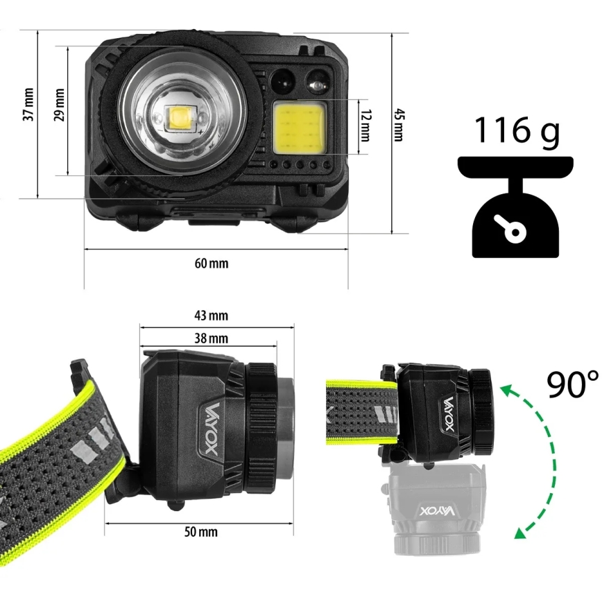 Podesiva punjiva LED čelna svjetiljka sa senzorom i crvenim svjetlom LED/6W/5V/3xAAA IP66 500 lm 1200 mAh