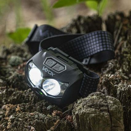 LED Prigušiva punjiva čeona svjetiljka sa senzorom i crvenim svjetlom 2xLED/5W/5V/3xAAA IP65 500 lm 1200 mAh