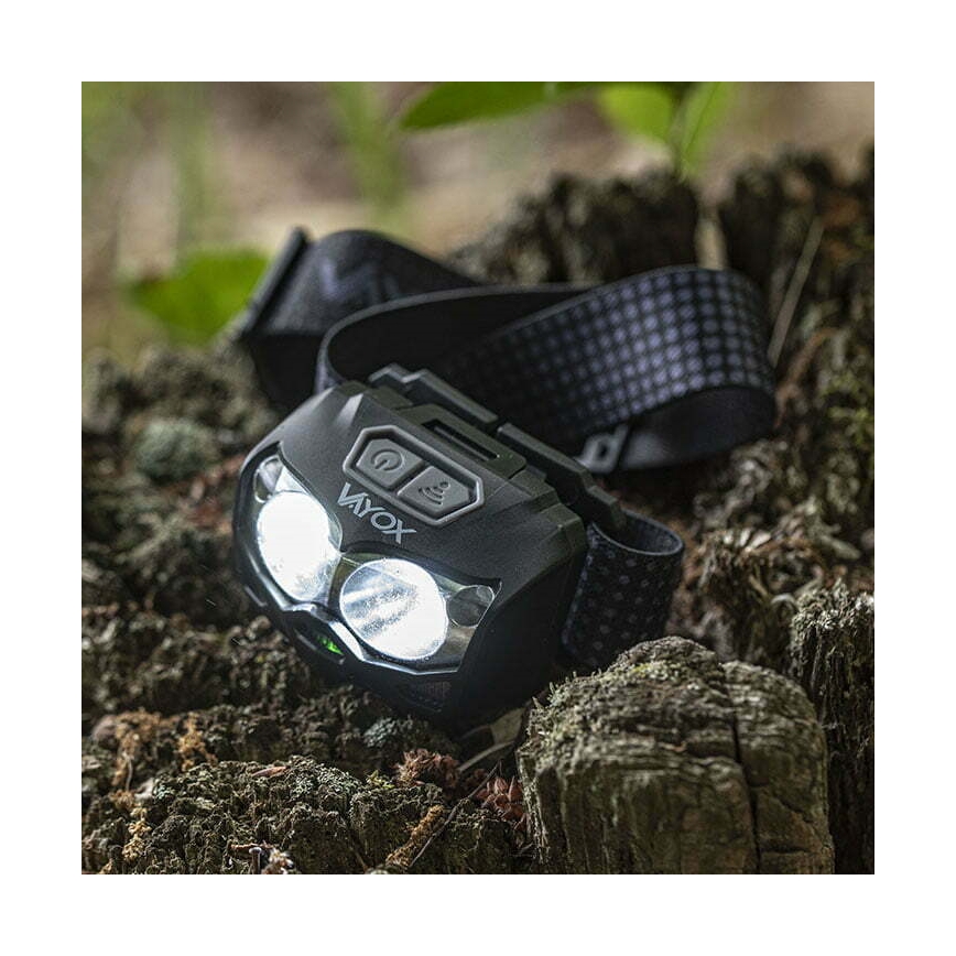 LED Prigušiva punjiva čeona svjetiljka sa senzorom i crvenim svjetlom 2xLED/5W/5V/3xAAA IP65 500 lm 1200 mAh