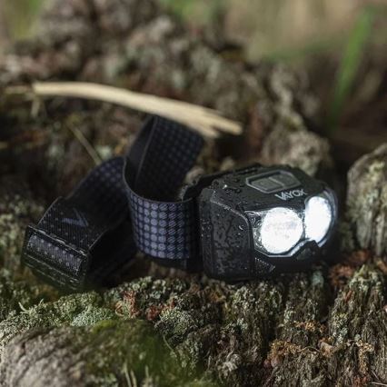 LED Prigušiva punjiva čeona svjetiljka sa senzorom i crvenim svjetlom 2xLED/5W/5V/3xAAA IP65 500 lm 1200 mAh