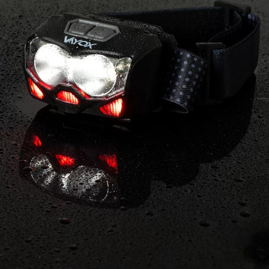 LED Prigušiva punjiva čeona svjetiljka sa senzorom i crvenim svjetlom 2xLED/5W/5V/3xAAA IP65 500 lm 1200 mAh