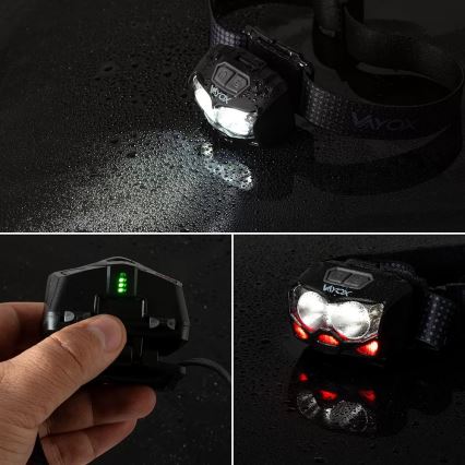 LED Prigušiva punjiva čeona svjetiljka sa senzorom i crvenim svjetlom 2xLED/5W/5V/3xAAA IP65 500 lm 1200 mAh
