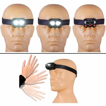 LED Prigušiva punjiva čeona svjetiljka sa senzorom i crvenim svjetlom 2xLED/5W/5V/3xAAA IP65 500 lm 1200 mAh