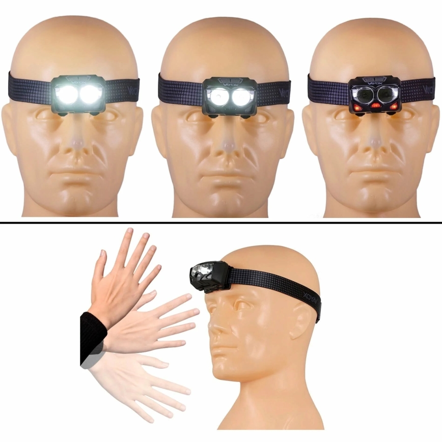 LED Prigušiva punjiva čeona svjetiljka sa senzorom i crvenim svjetlom 2xLED/5W/5V/3xAAA IP65 500 lm 1200 mAh