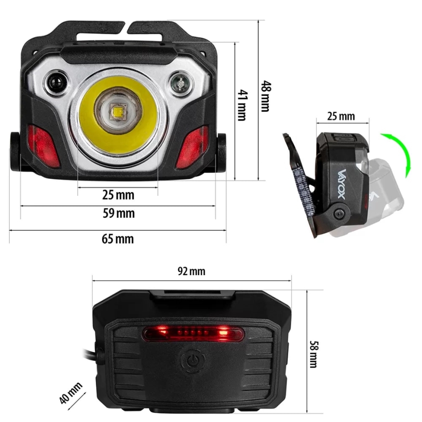 LED Prigušiva punjiva čeona svjetiljka sa senzorom s funkcijom powerbanka i crvenim svjetlom LED/10W/5V IP44 1200 lm 4000 mAh
