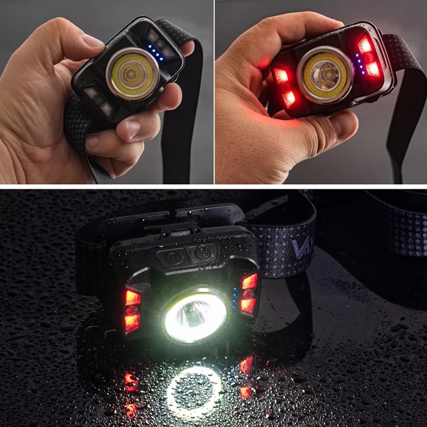 LED Prigušiva punjiva čeona svjetiljka sa senzorom i crvenim svjetlom LED/15W/5V IP66 430 lm 1800 mAh
