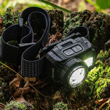 LED Prigušiva punjiva čeona svjetiljka sa senzorom i crvenim svjetlom LED/6W/5V/3xAAA IP44 500 lm 1200 mAh