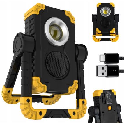 LED punjivi reflektor s zvučnikom i funkcijom powerbanke LED/10W/5V 4400 mAh IP44 crna/žuta