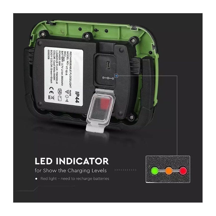 LED Punjivi reflektor SAMSUNG CHIP LED/10W/3,7V IP44 4000K zelena