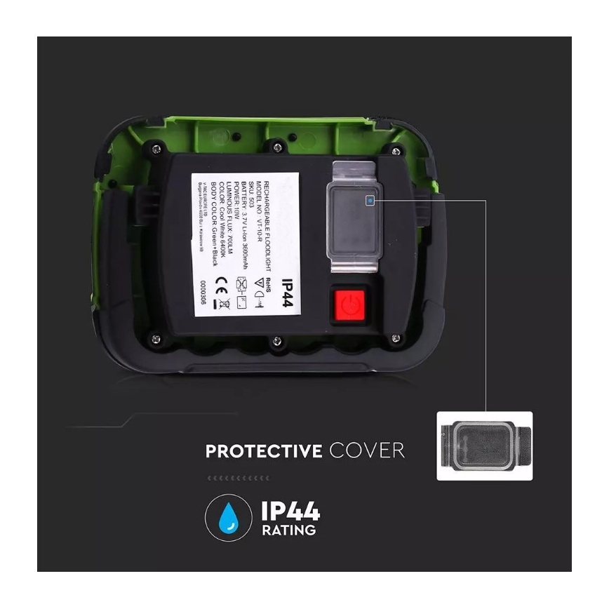 LED Punjivi reflektor SAMSUNG CHIP LED/10W/3,7V IP44 4000K zelena