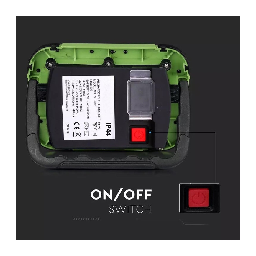 LED Punjivi reflektor SAMSUNG CHIP LED/10W/3,7V IP44 6400K 3600 mAh zelena