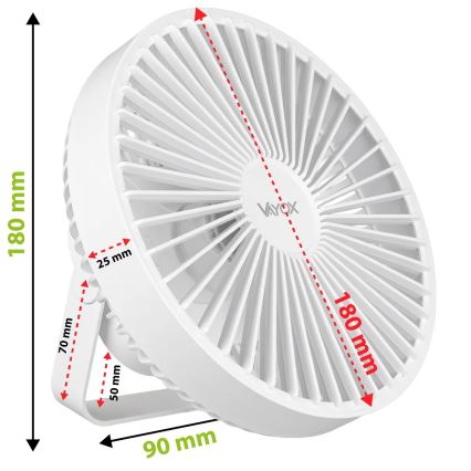 LED Punjivi stolni ventilator s LED rasvjetom LED/2W/5V USB 2400 mAh bijela