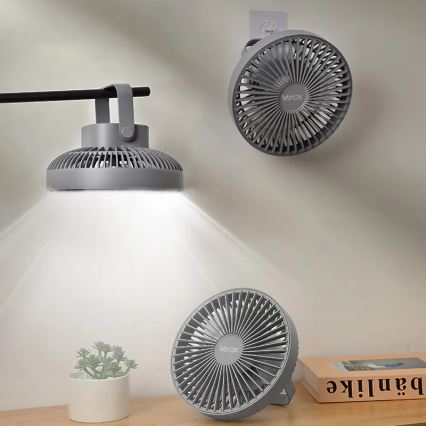 LED Punjivi stolni ventilator s LED rasvjetom LED/2W/5V USB 2400 mAh siva