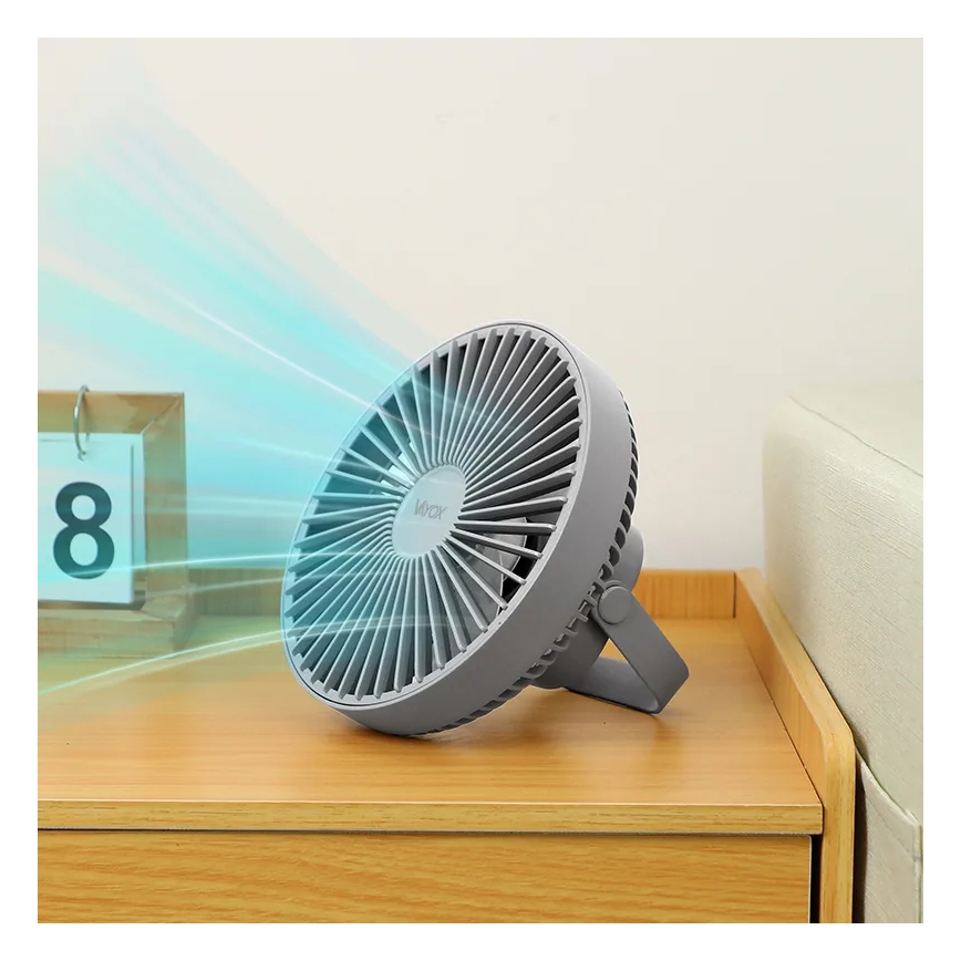 LED Punjivi stolni ventilator s LED rasvjetom LED/2W/5V USB 2400 mAh siva