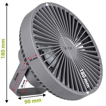 LED Punjivi stolni ventilator s LED rasvjetom LED/2W/5V USB 2400 mAh siva