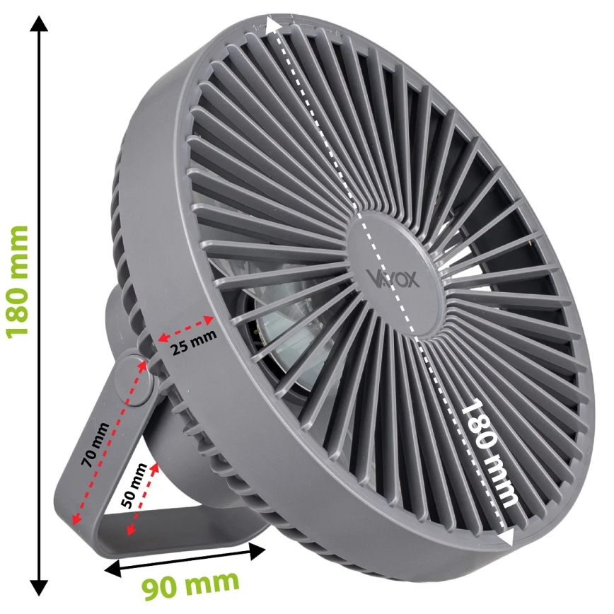 LED Punjivi stolni ventilator s LED rasvjetom LED/2W/5V USB 2400 mAh siva