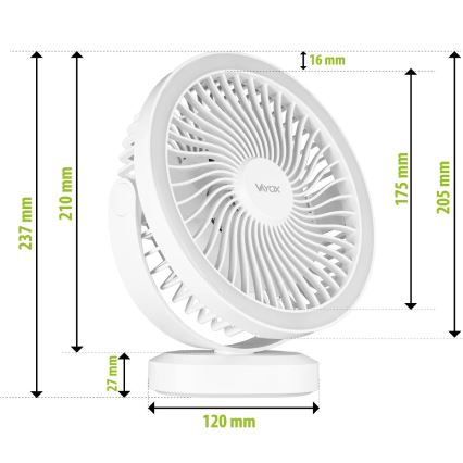 LED Punjivi stolni ventilator s LED rasvjetom LED/3W/5V USB 2400 mAh bijela