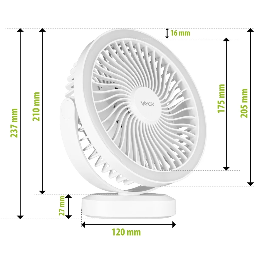 LED Punjivi stolni ventilator s LED rasvjetom LED/3W/5V USB 2400 mAh bijela