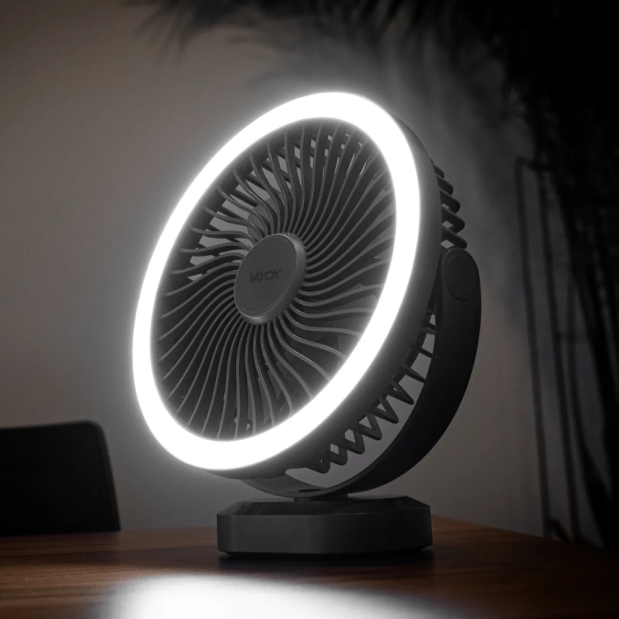 LED Punjivi stolni ventilator s LED rasvjetom LED/3W/5V USB 2400 mAh siva