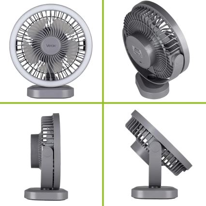 LED Punjivi stolni ventilator s LED rasvjetom LED/3W/5V USB 2400 mAh siva