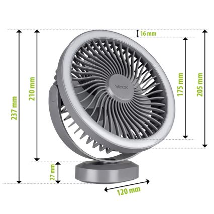 LED Punjivi stolni ventilator s LED rasvjetom LED/3W/5V USB 2400 mAh siva