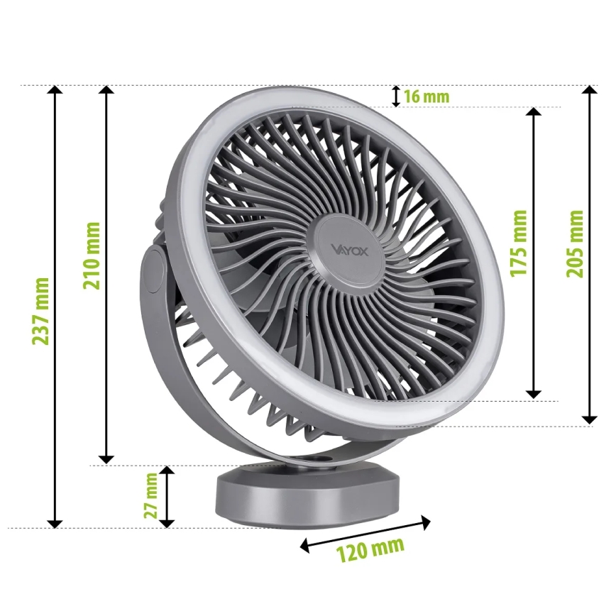 LED Punjivi stolni ventilator s LED rasvjetom LED/3W/5V USB 2400 mAh siva