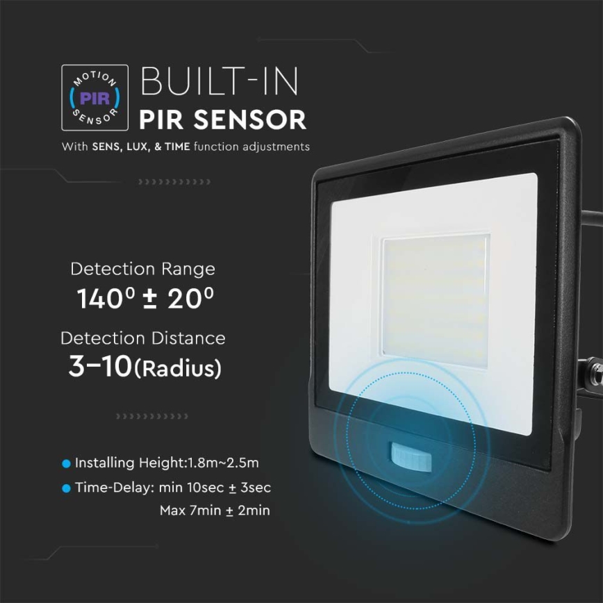 LED Reflektor sa senzorom LED/50W/230V 6500K IP65 crna