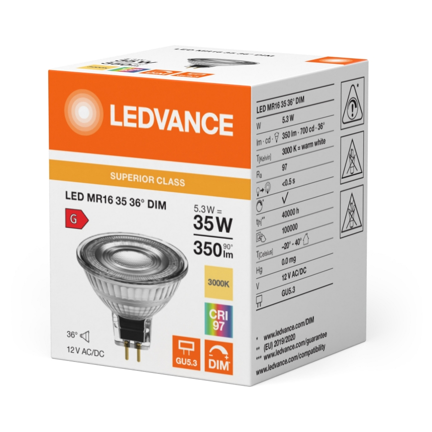 LED prigušiva reflektorska žarulja MR16 GU5,3/5,3W/12V 3000K 36° CRI 97 - Ledvance