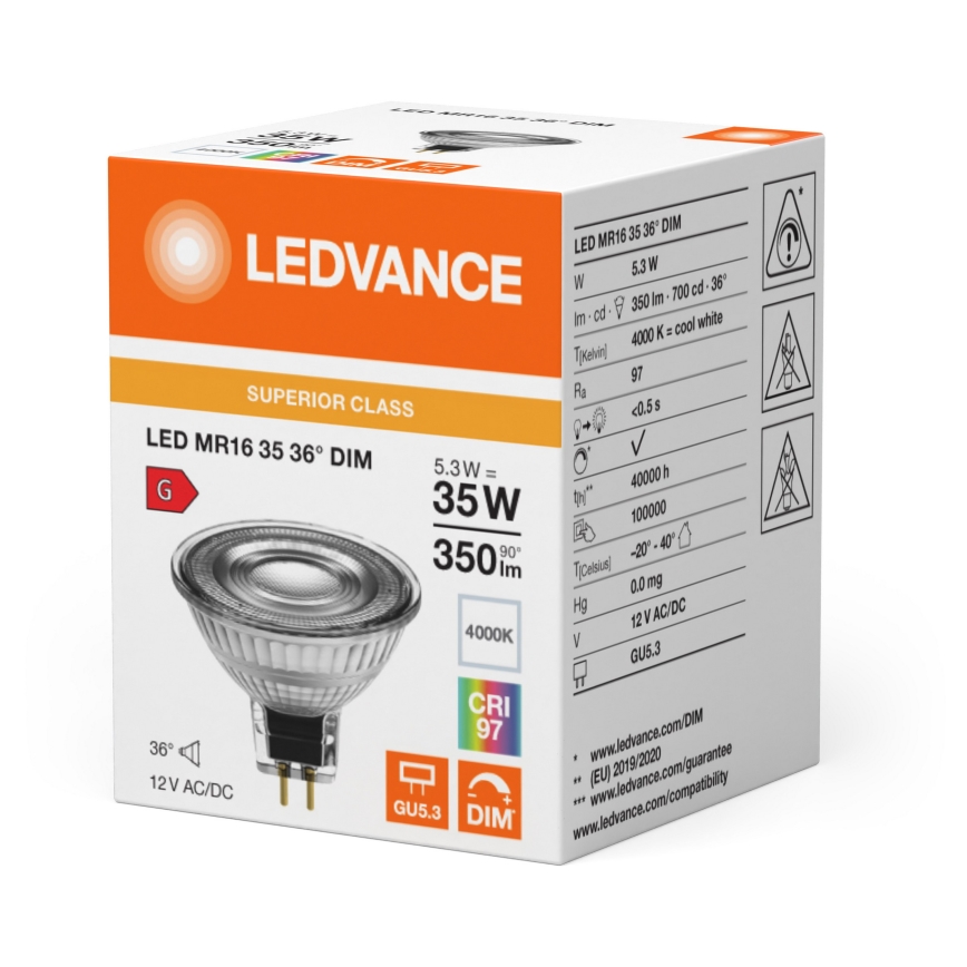 LED Prigušljiva reflektorska žarulja MR16 GU5,3/5,3W/12V 4000K 36° CRI 97 - Ledvance