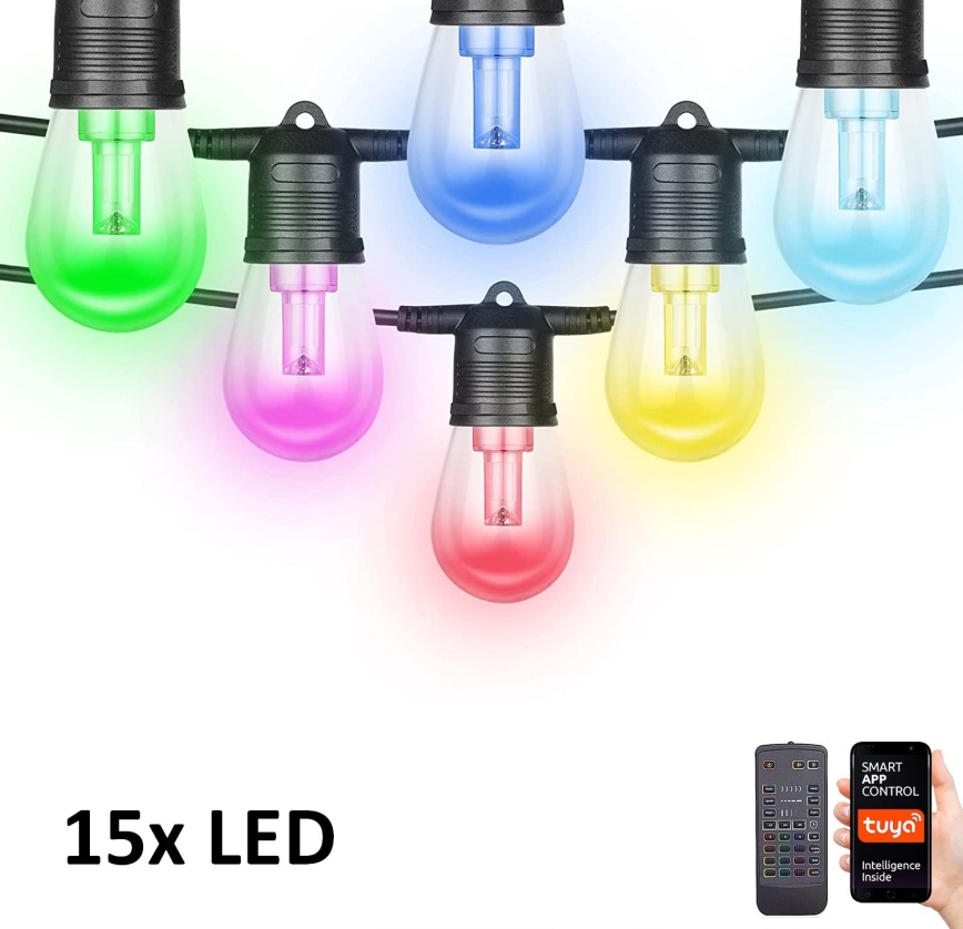 LED RGB+CCT Prigušivi vanjski lanac GIRLANDA 15xLED/1W/230V 15m Wi-Fi Tuya IP65 + daljinski upravljač