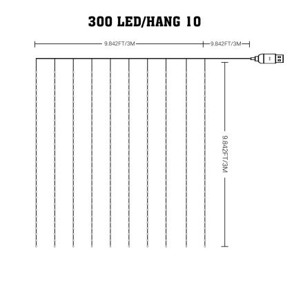 LED RGB Prigušiva božićna svjetlosna zavjesa WIZARD 300xLED/USB 3x3m + daljinski upravljač