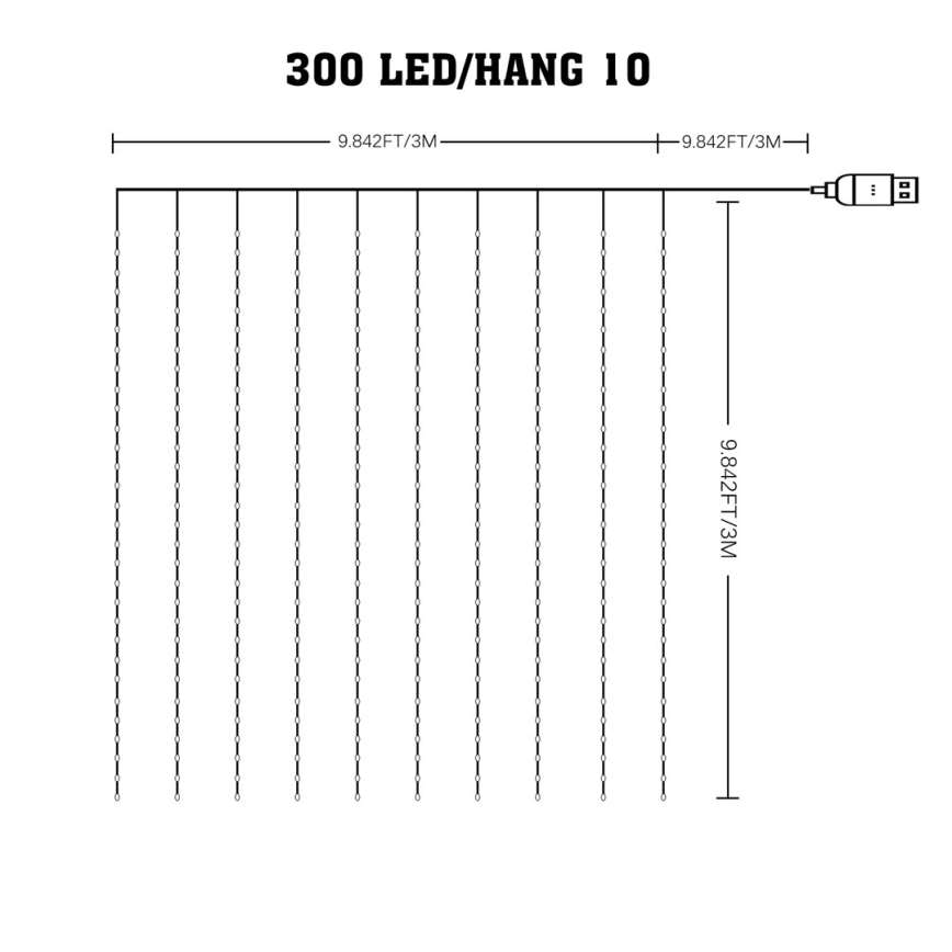 LED RGB Prigušiva božićna svjetlosna zavjesa WIZARD 300xLED/USB 3x3m + daljinski upravljač