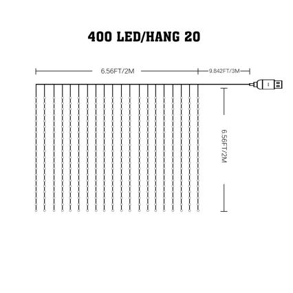 LED RGB Prigušiva božićna svjetlosna zavjesa WIZARD 400xLED/USB 2x2m + daljinski upravljač