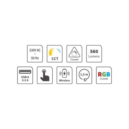 LED RGB Prigušiva punjiva dodirna stolna lampa s bežičnim punjenjem LED/7,5W/5V 2700-5300K bijela