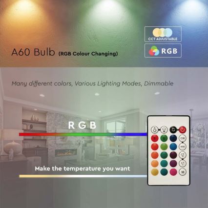 LED RGB Prigušiva žarulja A60 E27/8,5W/230V 4000K + daljinski upravljač