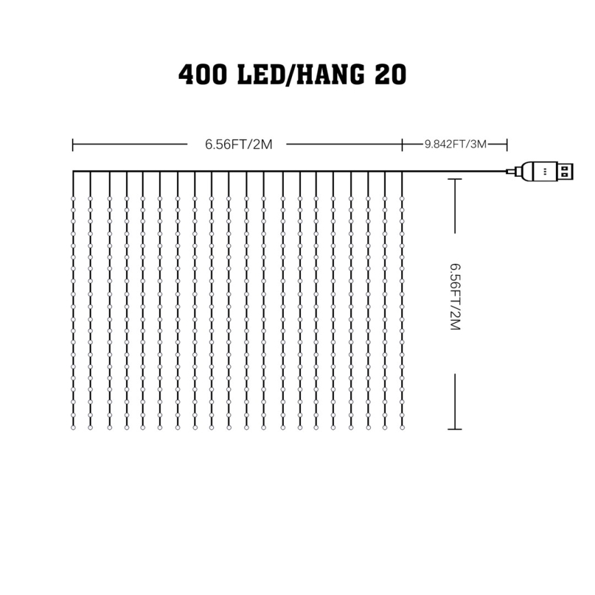LED RGB Dimabilni božićni zavjes Wizard 400xLED/USB 2x2m + daljinski upravljač