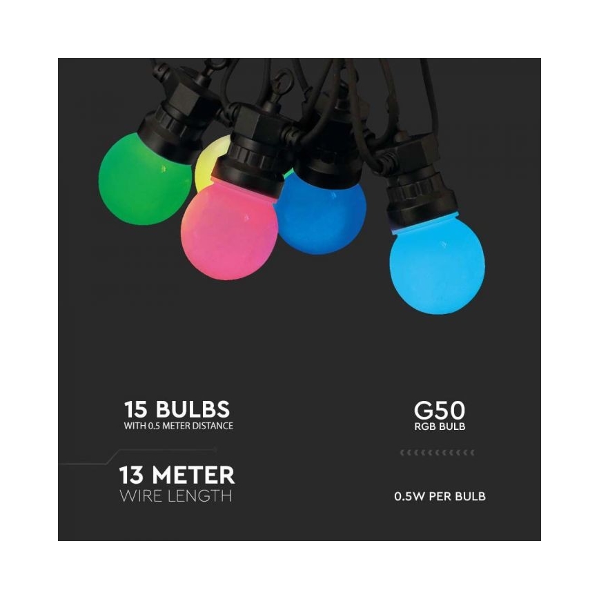LED RGB Vanjski lanac STRING 13 m 15xLED/0,5W/230V IP44 + daljinski upravljač