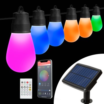 LED RGBIC solarni lanac s mogućnošću prigušivanja 30xLED/1,3W/3,7V 2200 mAh 14,37 m IP65 crna + daljinsko upravljanje