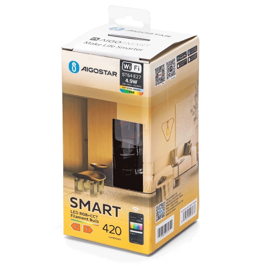 LED RGBW Prigušiva žarulja FILAMENT ST64 E27/4,9W/230V 2700-6500K Wi-Fi - Aigostar