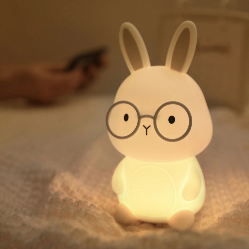 LED RGBW Prigušiva dječja dodirna lampa FLORKA LED/1W/5V USB 1200 mAh zečić bijela/siva