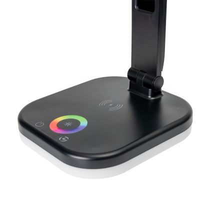 LED RGBW Prigušiva stolna lampa na dodir s bežičnim punjenjem LCD zaslonom i USB portom MAGNUS LED/6W/5V 3000-6500K crna