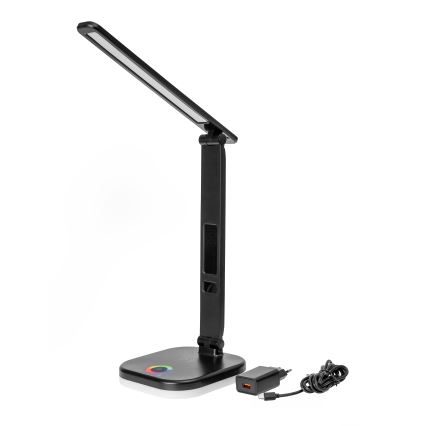 LED RGBW Prigušiva stolna lampa na dodir s bežičnim punjenjem LCD zaslonom i USB portom MAGNUS LED/6W/5V 3000-6500K crna