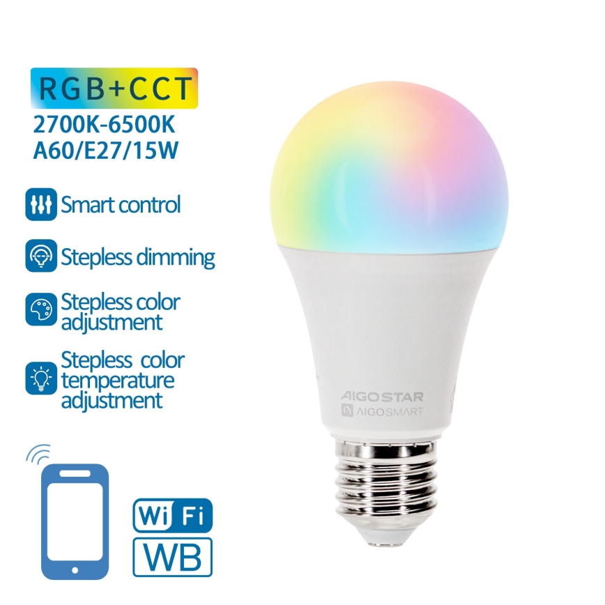 LED RGBW Prigušiva žarulja A60 E27/15W/230V 2700-6500K Wi-Fi - Aigostar