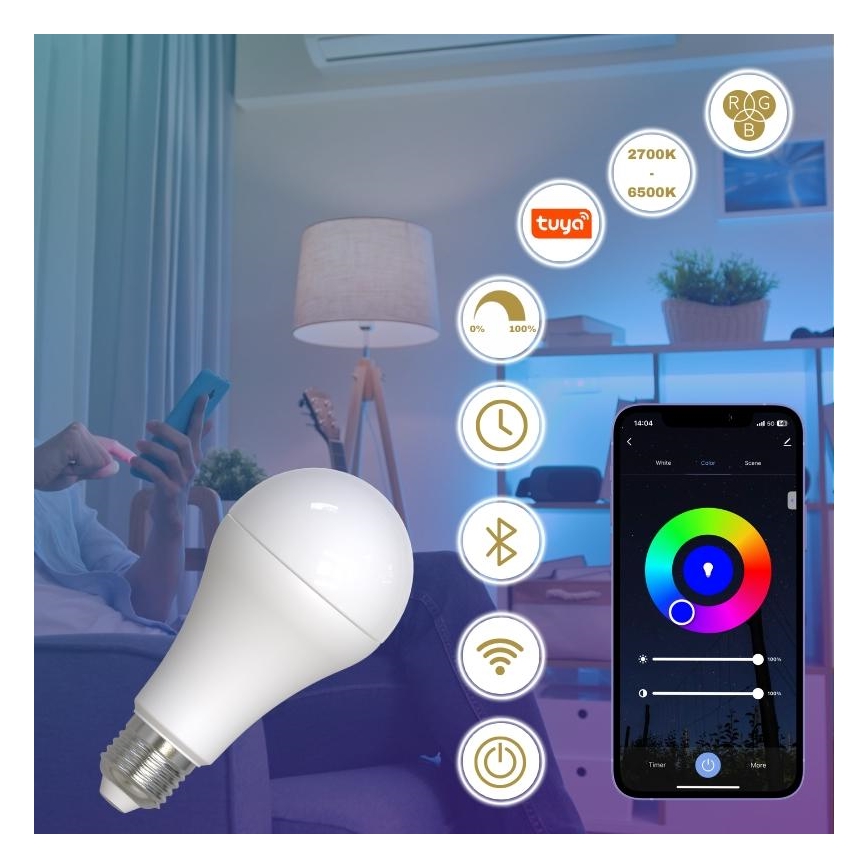LED RGBW Prigušiva žarulja A60 E27/15W/230V 2700-6500K Wi-Fi Tuya