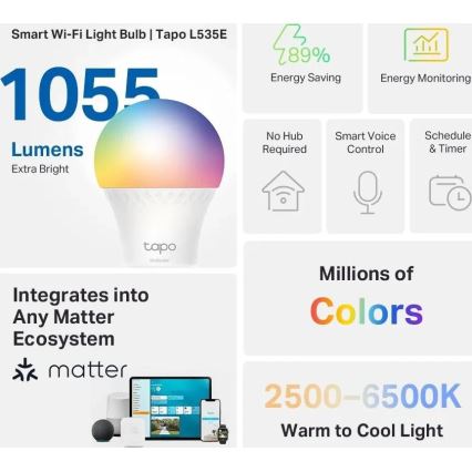 LED RGBW prigušiva žarulja A60 E27/8,6W/230V 2500-6500K Wi-Fi - TP-Link